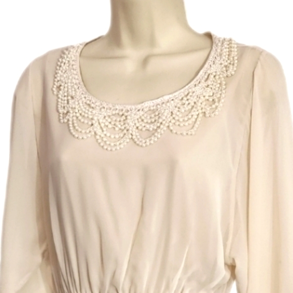 Ing Dress Sheer Overlay And Faux Pearl Strands Collar Long Sleeve Cream Size L - Picture 5 of 15